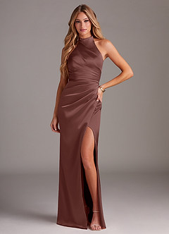 Azazie Jemma Bridesmaid Dresses Espresso Sheath Pleated Stretch Satin Dress image1