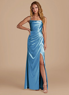 Azazie Marzia Bridesmaid Dresses Steel Blue Mermaid Pleated Metallic Satin Dress image1