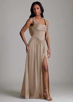 Azazie Novi Robes de demoiselle d'honneur Robe Trapèze en Satin extensible Avec poches Taupe image5