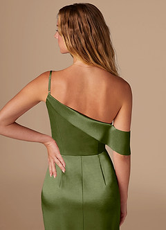 Azazie Lia Bridesmaid Dresses Olive Sheath Off the Shoulder Metallic Satin Dress image2