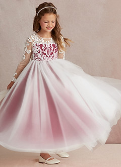 Azazie Elodie Flower Girl Dresses Ivory Burgundy Ball-Gown Lace Dress image2