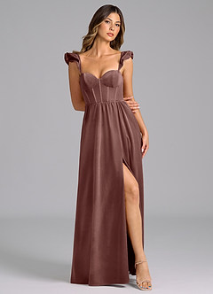 Azazie Denisse Bridesmaid Dresses Espresso A-Line Ruched Velvet Dress image4