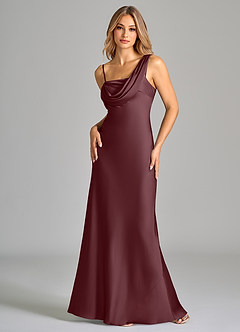 Azazie Celina Bridesmaid Dresses Sangria Sheath Off the Shoulder Stretch Satin Dress image3