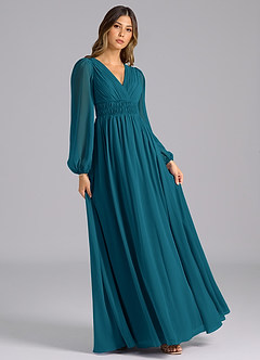 Azazie Palerma Bridesmaid Dresses Ink Blue A-Line Long Sleeve Chiffon Dress image4