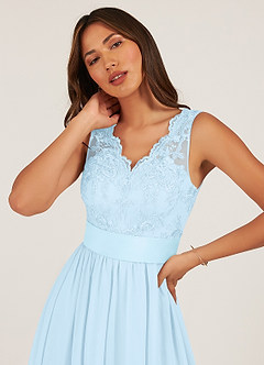Azazie Gertrude Abiti da Damigella Abito A-Line in Chiffon Pizzo Azzurro image6