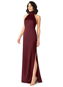 Azazie x Delaney Bridesmaid Dresses Cabernet Sheath High Neck Stretch Satin Dress image2