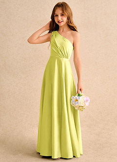Azazie Puddles Girls Formal Robe Demoiselle D'honneur Fillette Robe Trapèze en Mat Satiné Asymétrique Canari image6