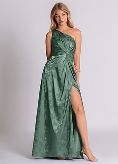 Azazie Brooke 신부 들러리 드레스 A라인 한쪽 어깨 자카드 바닥 길이 드레스 image5