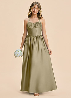 Azazie Kyrie Junior Moss Green A-Line Pleated Stretch Satin Dress image4
