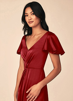 Azazie Soren Bridesmaid Dresses Pomegranate A-Line Pleated Stretch Satin Dress image7