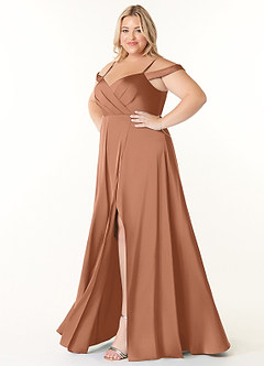 Azazie Ocean Bridesmaid Dresses Bronzer A-Line V-Neck Pleated Stretch Satin Dress image8