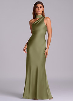 Azazie Seona 신부 들러리 드레스 인어 한쪽 어깨 스트레치 새틴 바닥 길이 드레스 image1