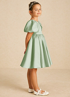 Azazie Muffin Flower Girl Dresses Dusty Sage A-Line with Sleeves Matte Satin Dress image3