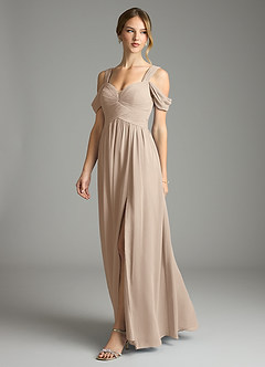 Azazie Lianne Bridesmaid Dresses Taupe A-Line Off the Shoulder Chiffon Dress image4