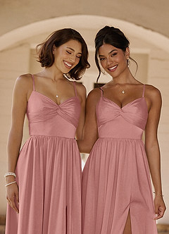 Azazie Zeya Bridesmaid Dresses Rosette A-Line Pleated Stretch Satin Dress image2