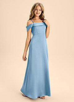Azazie Anselie Junior Powder Blue A-Line Off the Shoulder Stretch Satin Dress image5