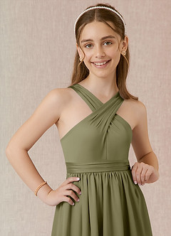 Azazie Jiya Junior Pistachio A-Line Pleated Stretch Satin Dress image4