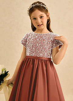 Azazie Cashew Flower Girl Dresses Auburn Ball-Gown with Sleeves Matte Satin Dress image6