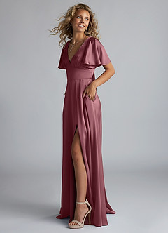 Azazie Kimber Bridesmaid Dresses Desert Rose A-Line Ruched Stretch Satin Dress image6