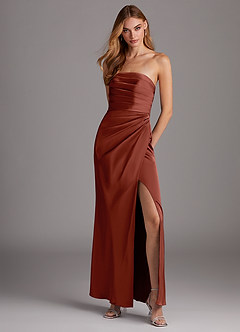 Azazie Lexie Vestidos de damas de honor Vestido de Terracota de Satén Elástico de Corte Recto Convertible con Sin tirantes image1