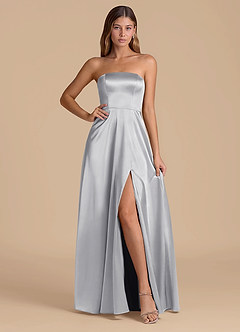 Azazie Wren 신부 들러리 드레스 A라인 스트랩리스 메탈릭 새틴 바닥 길이 드레스 image1