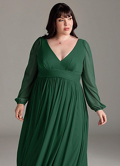 Azazie Norah Vestidos de damas de honor Vestido de Verde Oscuro de Gasa de Corte en A con Manga larga con cuello en V image12