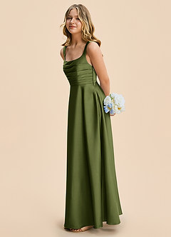 Azazie Azaria Junior Olive A-Line Pleated Stretch Satin Dress image4