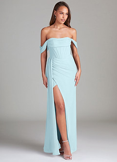 Azazie Amyra Bridesmaid Dresses Cloud Blue Sheath Off the Shoulder Chiffon Convertible Dress image3