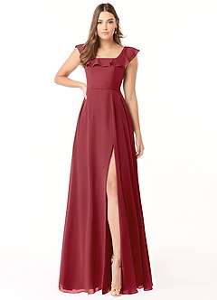 Azazie Jinny Bridesmaid Dresses Pomegranate A-Line Square Neckline Ruched Chiffon Dress image1