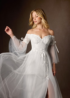 Azazie Stevie Final Sale Diamond White Nude A-Line Off the Shoulder Tulle Dress image6