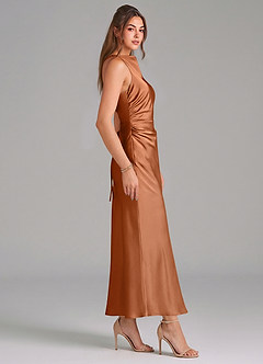 Azazie Evadne Bridesmaid Dresses Copper Sheath Pleated Stretch Satin Dress image4