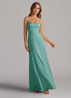 Azazie Amaris Bridesmaid Dresses Aqua A-Line Corset Stretch Satin Dress image1