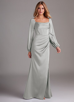 Azazie Charissa Bridesmaid Dresses Silver Sheath Long Sleeve Stretch Satin Dress image6