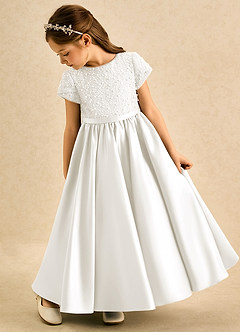 Azazie Cashew Flower Girl Dresses Ivory Ball-Gown with Sleeves Matte Satin Dress image5