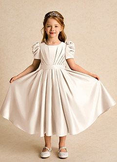 Azazie Miriam Flower Girl Dresses White Alabaster Ball-Gown Pleated Matte Satin Dress image5
