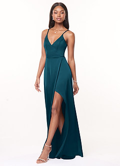 Azazie Maksim Bridesmaid Dresses Ink Blue A-Line V-Neck Stretch Satin Dress image4