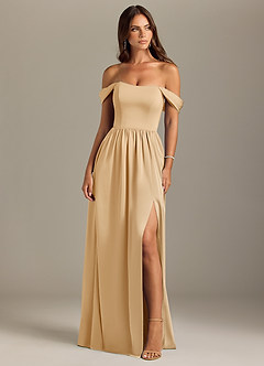 Azazie Calianna Bridesmaid Dresses Gold A-Line Off the Shoulder Stretch Satin Convertible Dress image1