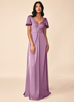 Azazie Soren Bridesmaid Dresses Wisteria A-Line Pleated Stretch Satin Dress image1