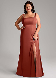 Azazie Frostine Bridesmaid Dresses Terracotta A-Line Bow Stretch Satin Dress image12