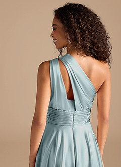 Azazie Charlize Bridesmaid Dresses Mist A-Line One Shoulder Metallic Satin Dress image2