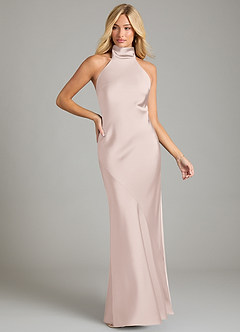 Azazie Velli Bridesmaid Dresses Blushing Pink Mermaid High Neck Stretch Satin Dress image3
