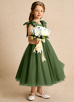 Azazie Serene Abiti da Ragazza di Fiori Abito Principessa in Raso Opaco Fiocco Oliva image5