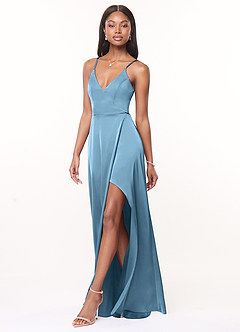 Azazie Maksim Bridesmaid Dresses Steel Blue A-Line V-Neck Stretch Satin Dress image4