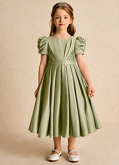 Azazie Miriam Abiti da Ragazza di Fiori Abito Principessa in Raso Opaco Plissettato Verde Muschio image4