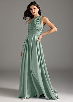 Azazie Charlize Robes de demoiselle d'honneur Robe Trapèze en Satin extensible Asymétrique Agave image5