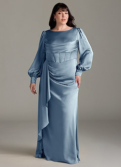 Azazie Raye Bridesmaid Dresses Dusty Blue Mermaid Long Sleeve Stretch Satin Dress image7