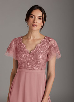 Azazie Singer Mother of the Bride Dresses Dusty Rose A-Line V-Neck Lace Chiffon Dress image6