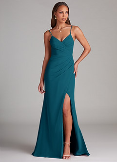 Azazie Maci Bridesmaid Dresses Ink Blue Sheath Pleated Chiffon Dress image1