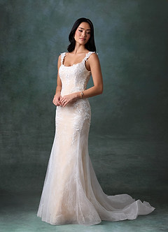 Azazie Veronica At-home Try On Dresses Diamond White Champagne Mermaid Tulle Dress image6