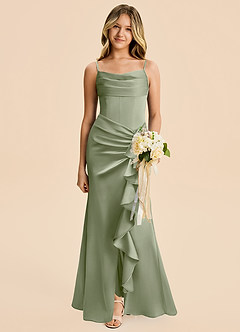 Azazie Rosalia Junior Pistachio Sheath Pleated Stretch Satin Dress image1